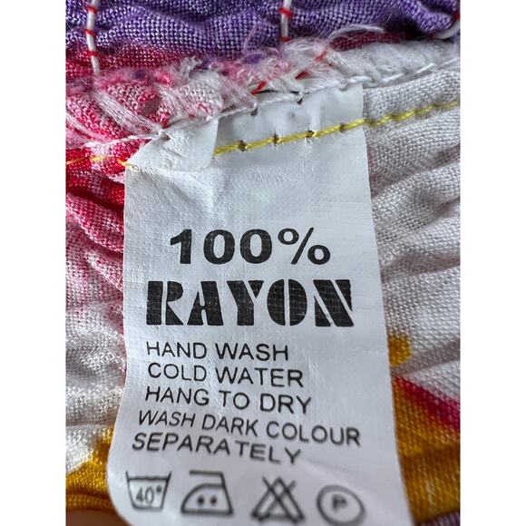 VINTAGE 80s HAWAIIAN Rayon Dress S V-Neck Ruffle Sleeves RAINBOW Red purple 2 4 - Picture 9 of 9